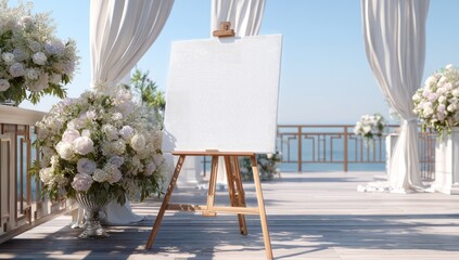 Obraz premium Elegant Wedding Ceremony Setup with Blank Welcome Sign by the Sea.
