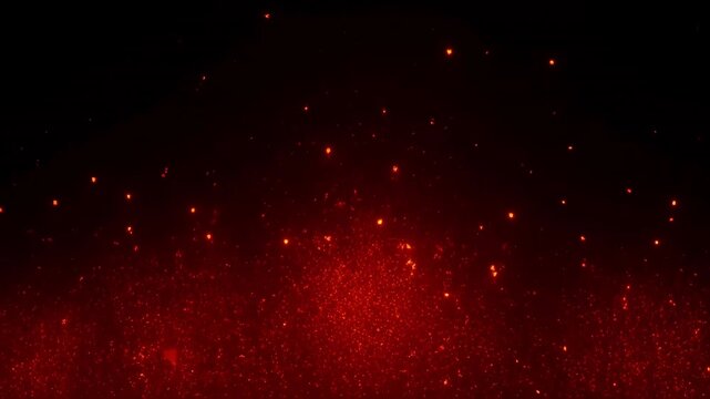 Thousands of glowing red and orange ember sparks rising and drifting upward against a pure black background, intensely lit hot particles scattering and fading into darkness, primal fire abstraction.
