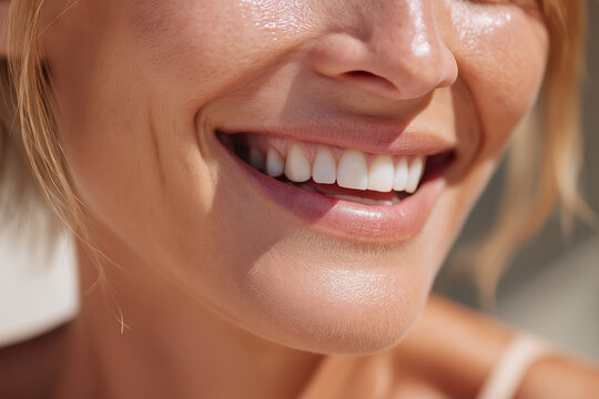 Close up joyful smile luminous skin natural teeth healthy smile sunlight tooth gum closeup