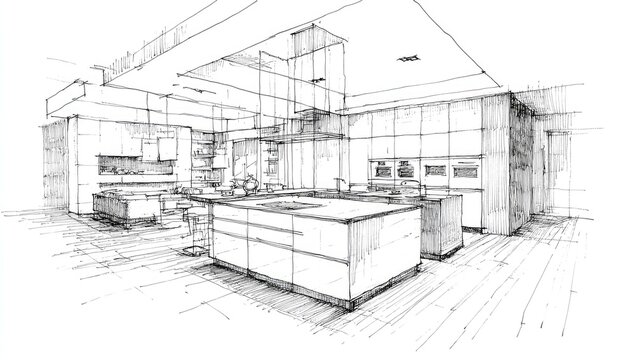 Architectural Sketch of a Modern Kitchen Interior Design.