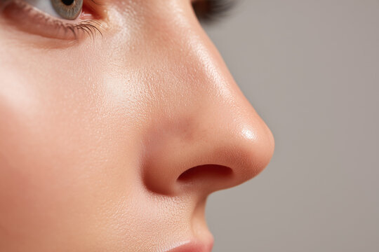 Close up nasal sidewall skin texture near nostril smooth skin pore detail natural complexion subtle shine closeup