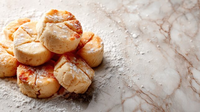A mouthwatering collection of buttery biscuits generously dusted with flour, beautifully arranged on a marble surface, enticing you with their soft texture and delightful flavor.