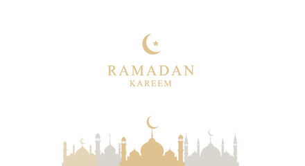 Ramadan Kareem greeting with mosque silhouettes and crescent moon design. © verikans