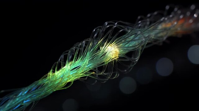 Close-up of illuminated fiber optic strands glowing yellow and green against a dark background, representing data transmission and network connectivity.