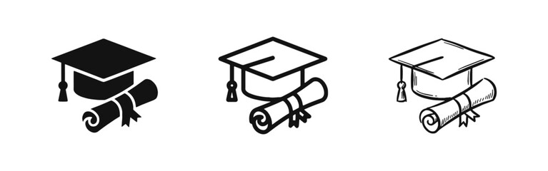 Graduation cap and diploma scroll icons set in three different styles isolated on white background