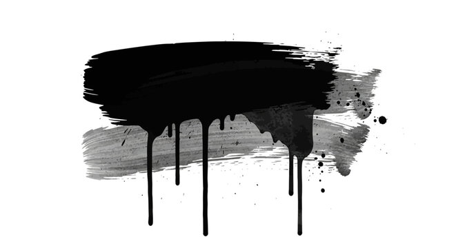 Abstract black ink drip and grunge paint brush stroke on white background