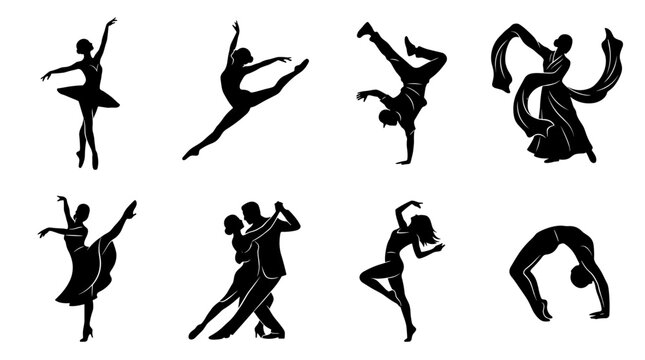 Professional Dance Silhouette Icons Set with Ballet, Hip Hop, Ballroom, and Contemporary Dancers Isolated on White Background for Arts Design