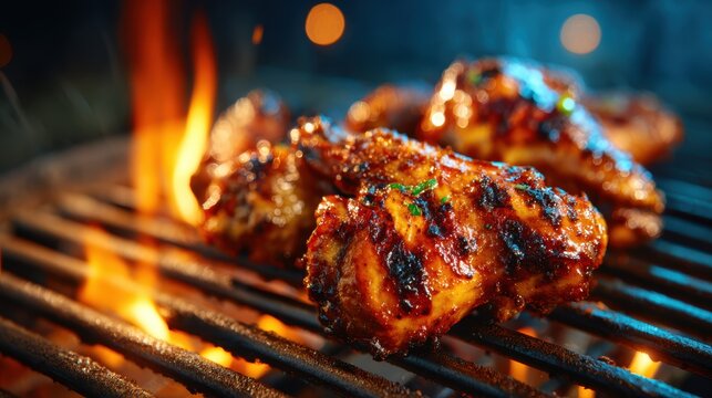 A beautifully grilled chicken wings are sizzling on the barbecue, showcasing a rich, smoky flavor and tantalizing appearance amidst flickering flames.