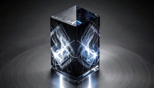 A polished dark crystal prism containing intricate glowing energy patterns reflecting light on a metallic surface.
