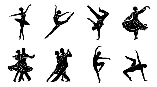 Elegant Dancers Silhouettes Collection Featuring Ballet Leap, Breakdance, Waltz, and Modern Dance Poses Isolated on White Vector Illustration