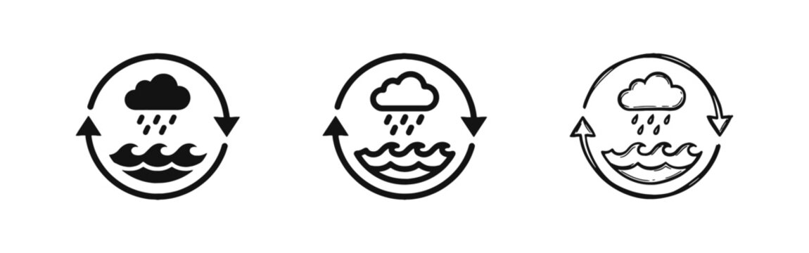 Water cycle icons set with cloud rain and sea waves in three different styles isolated on white