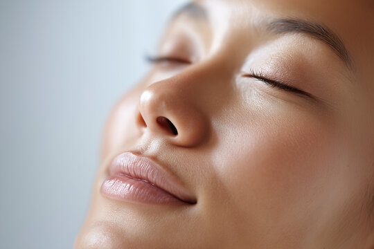 Close up portrait of relaxed face with closed eyes showing smooth skin, natural makeup, soft shadow and serene expression, perfect for skincare or wellness concept