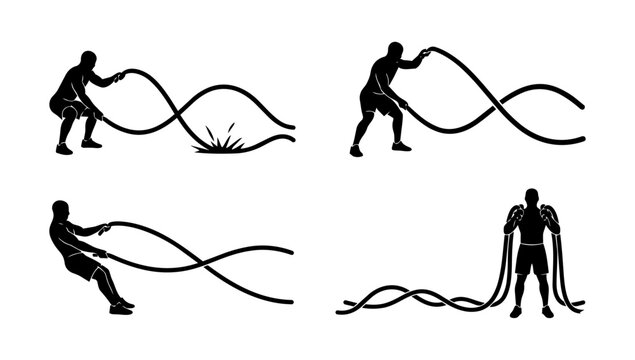 Male Athlete Silhouette Sequence Demonstrating Intense Battle Ropes Exercise for Cardiovascular Fitness and Full Body Strength Training Design