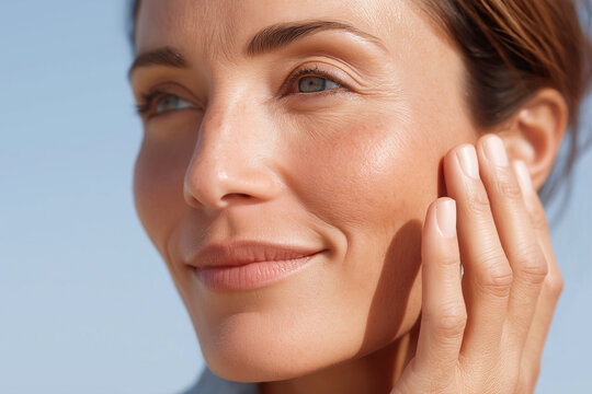 Serene close up of person touching cheekbone skin softly with natural sunlight and healthy complexion, gentle expression conveying calm confidence and skincare routine