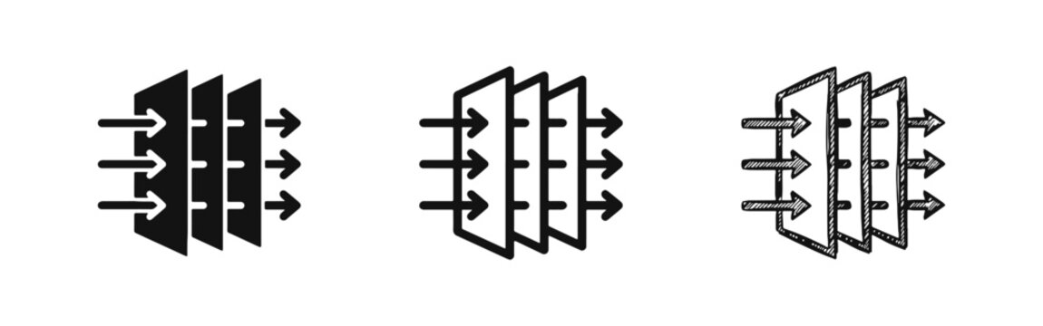 Air filter purification icons set showing air flow through layers in three different styles on white