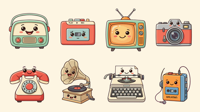 Vintage Retro Electronic Gadget Character Set, Cute Kawaii Television, Radio, Cassette Tape, Rotary Phone, Camera and Typewriter Vector Icons