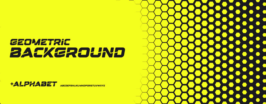Hexagonal honeycomb green neon gradient, tech halftone background with bold rounded dynamic font for sport, race, technology. Perfect for banner, website, poster, branding, ads. Vector illustration