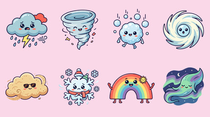 Naklejka premium Cute Weather Characters Set with Kawaii Faces, Cartoon Tornado, Storm Cloud, Hail, Hurricane, Sandstorm, Snowflake, Rainbow and Aurora Vector Icons for Kids Education