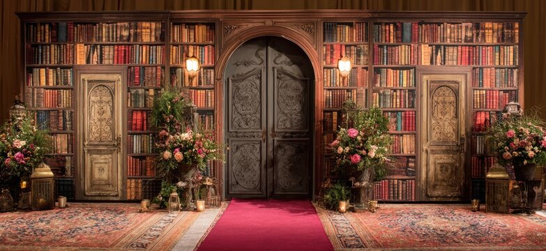 Grand Library Entrance with Ornate Doors and Red Carpet.