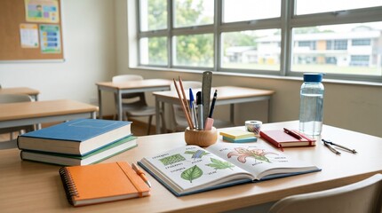Naklejka premium Students studying in classroom with books and pencils on desk near window
