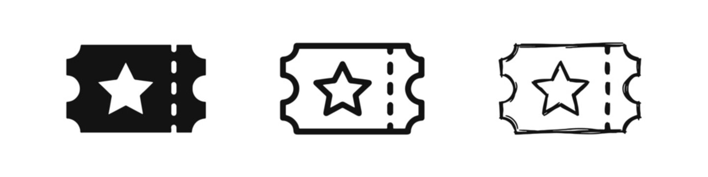 Ticket with star icon set, admit one, event entry pass, solid, outline and hand-drawn sketch styles