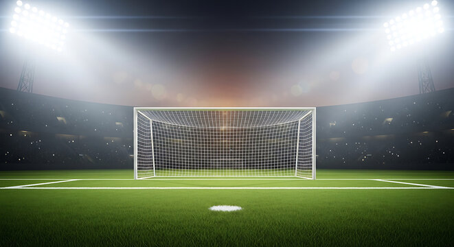 Professional soccer stadium pitch at night with green grass and glowing white goal