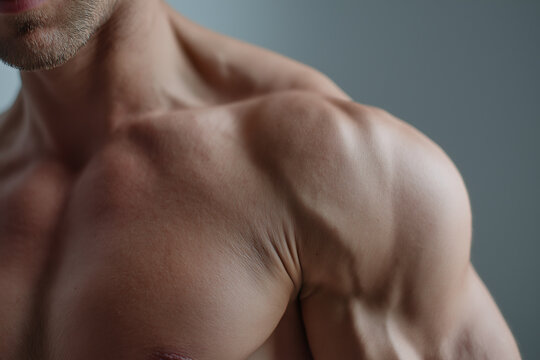 Male torso with defined shoulder and subtle muscle contraction under soft lighting, close up showing skin texture and stubble