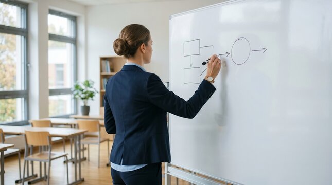 A teacher writes on a whiteboard in a classroom with desks and chairs.