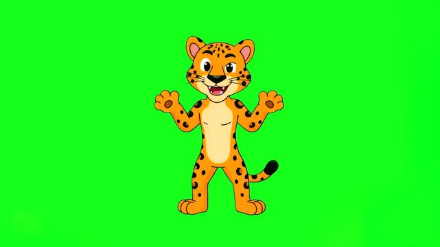 A 2D animated cheetah or leopard character with spots, standing in a friendly pose with paws up. Isolated on a chroma key green screen background, perfect for adding to various wildlife or educational