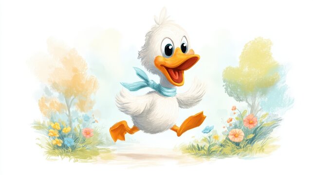 Cheerful Cartoon White Duck Wearing Blue Scarf Running on Path with Pastel Trees and Flowers Whimsical Illustration