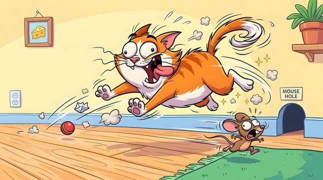Cartoon cat chasing mouse in playful home setting
