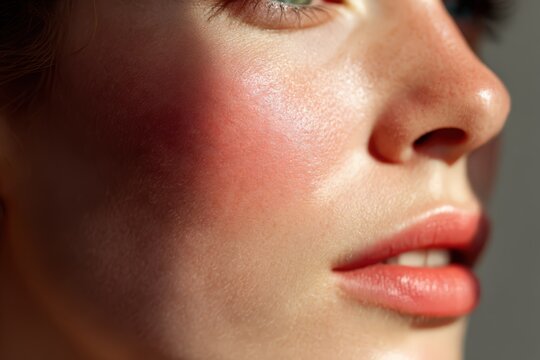 Close Up Human Face Skin Texture Pores Cheek Nose Lips Natural Sheen Realistic Portrait Detail