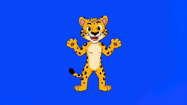 A dynamic 2D vector animation of a cute spotted leopard or jaguar character standing on its hind legs and doing an energetic dance with its paws raised in celebration against a vibrant blue backdrop. 