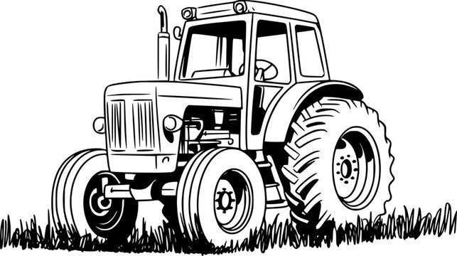 Black and white line of a vintage tractor in grassy field farm agriculture vehicle