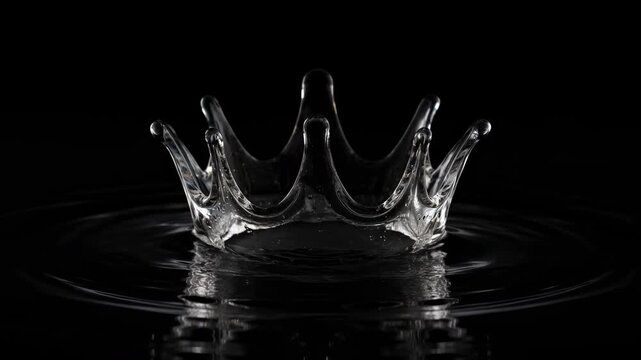 Crystal clear water splashing upward in a symmetrical crown shape with ripples spreading outward on a black background, captured in high speed photography.
