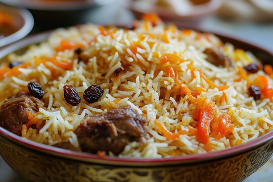 Delicious Plov: Central Asian Rice Dish with Meat and Raisins
