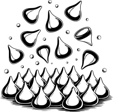 Black and white of falling teardrop shapes and small circles, ink water liquid