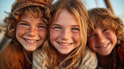 Fototapeta premium Three cheerful children, with freckles and shining smiles, closely bond together, exuding joy and innocence against a backdrop of natural beauty and adventure.