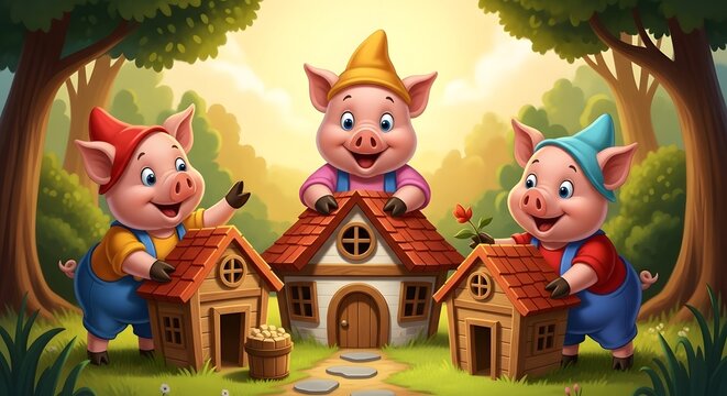Three Little Pigs Building Their Homes in a Forest.