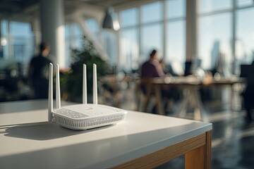 Modern Wi-Fi Router on a Table in a Bright Office Environment.