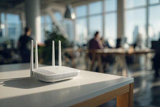 Modern Wi-Fi Router on a Table in a Bright Office Environment.