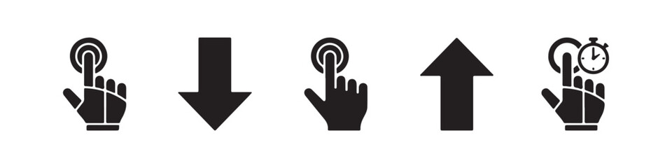 Fototapeta premium Vector icons of touch screen gestures including scrolling, tapping, clicking, and swiping in clean line and solid silhouette styles. Ideal for UI/UX mobile app guides.