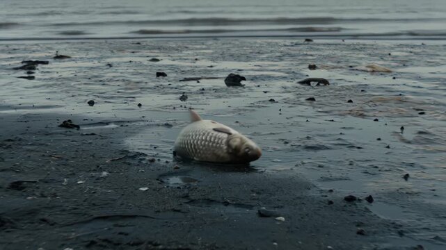 Dead fish lying on polluted shoreline with industrial factory background. Environmental catastrophe and water contamination concept. Forward camera movement and close-up.