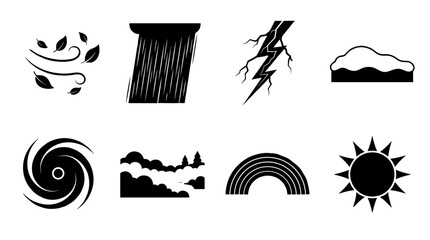 Obraz premium Weather Condition Symbols Set with Wind Rain Lightning Snow Hurricane Clouds Rainbow and Sun Icons for Forecast and Climate Awareness Vector Illustration
