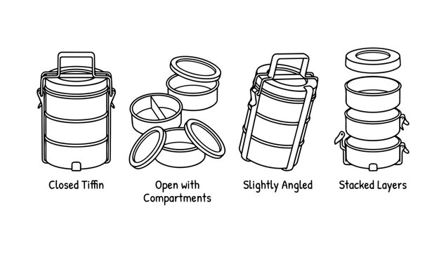 Traditional Steel Tiffin Box Lunch Container Displaying Open Closed and Stacked Compartments in Minimalist Doodle Line Art
