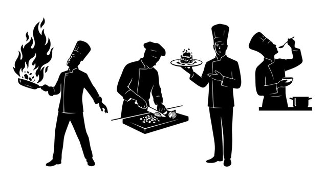 Professional Restaurant Master Chef Silhouette Sequence Displaying Cooking Plating and Tasting Delicious Food for Culinary Design