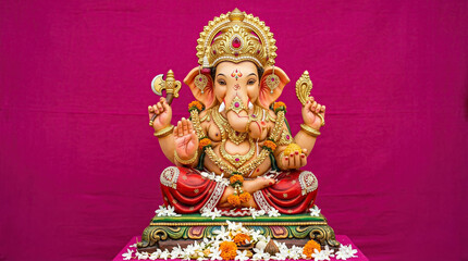 Fototapeta premium Golden Ganesha statue on decorative pedestal with floral offerings and pink background