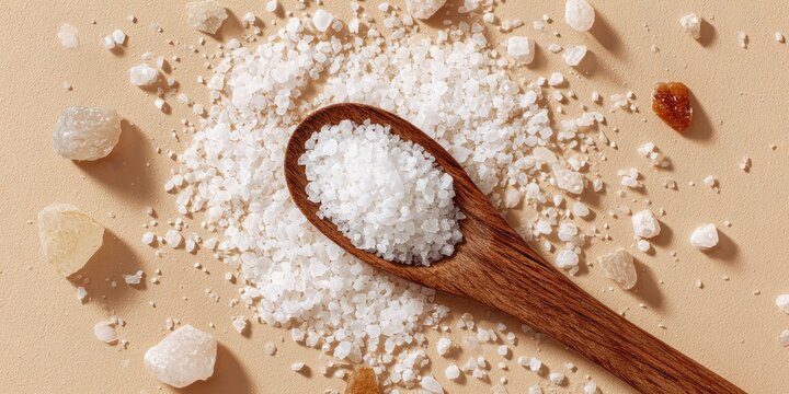 A wooden spoon filled with coarse sea salt rests on a pile of salt and other ingredients.