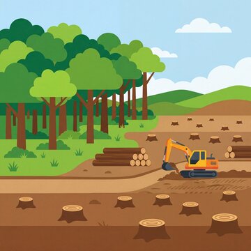 Flat vector illustration of deforestation with excavator clearing land