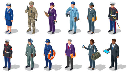 Set of isometric military and veteran personnel   Collection of soldiers, officers, and security staff   Professional government and defense characters © Stocklume